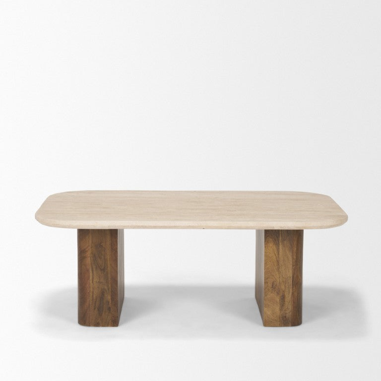 HomeRoots 30 Inch Stone and Solid Wood Dual Pedestal Coffee Table for Stylish Living Rooms 727814