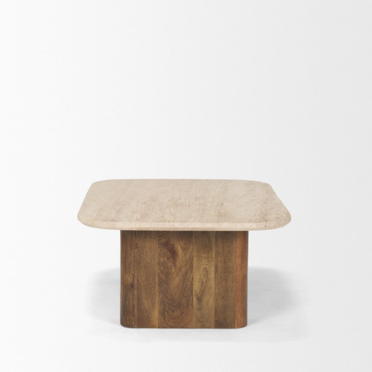 HomeRoots 30 Inch Stone and Solid Wood Dual Pedestal Coffee Table for Stylish Living Rooms 727814