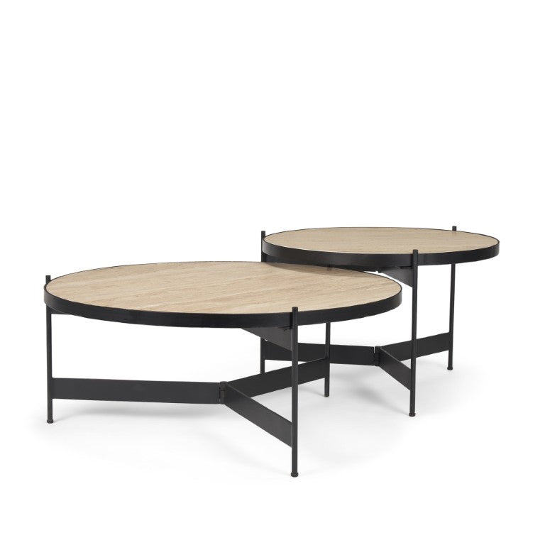 Set of Two Nesting Round Coffee Tables in Stone Top Iron Base for Living Room