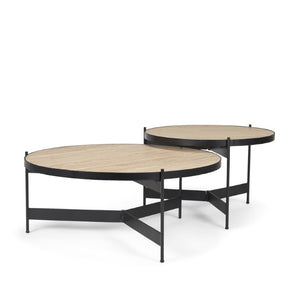 Set of Two Nesting Round Coffee Tables in Stone Top Iron Base for Living Room