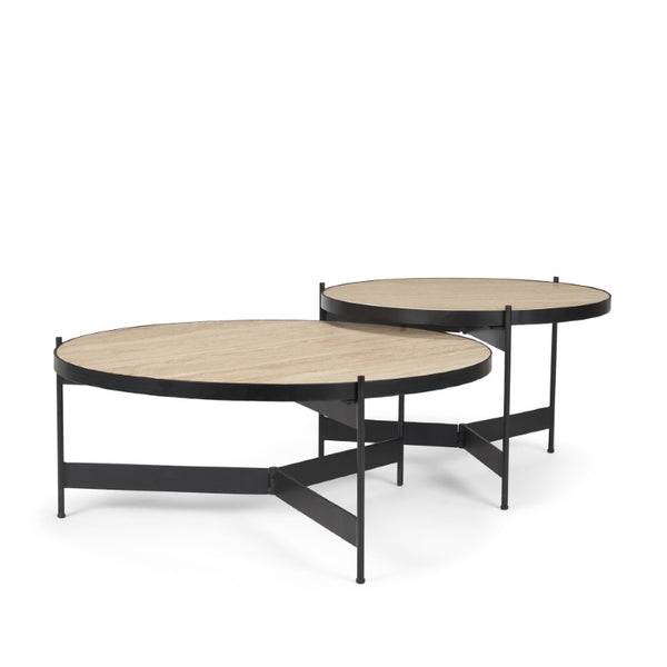 Set of Two Nesting Round Coffee Tables in Stone Top Iron Base for Living Room