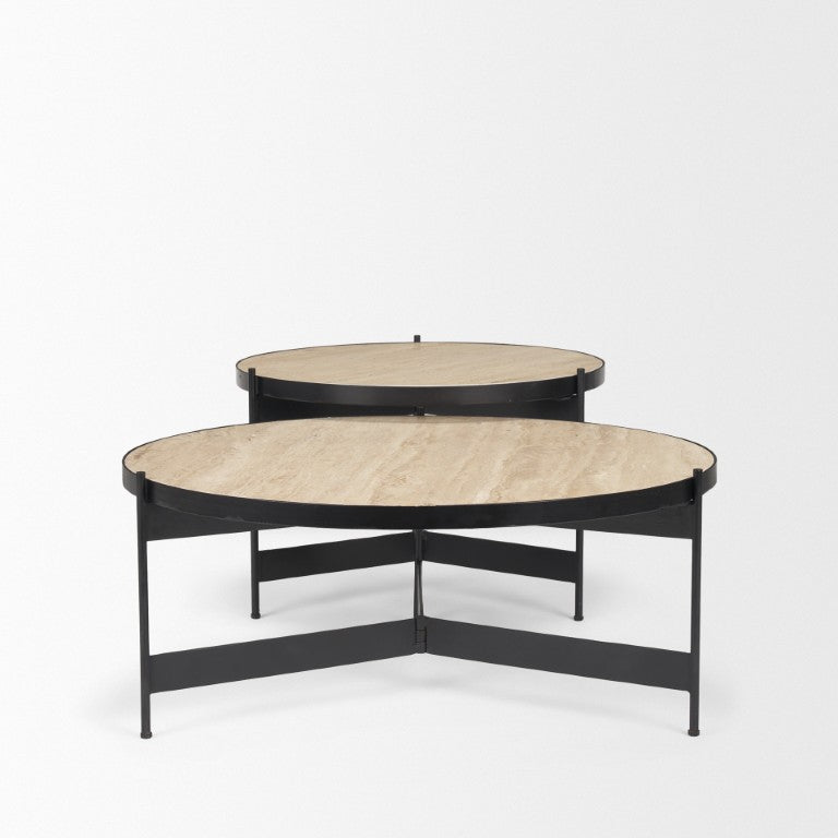 Set of Two Nesting Round Coffee Tables in Stone Top Iron Base for Living Room