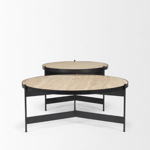 Set of Two Nesting Round Coffee Tables in Stone Top Iron Base for Living Room