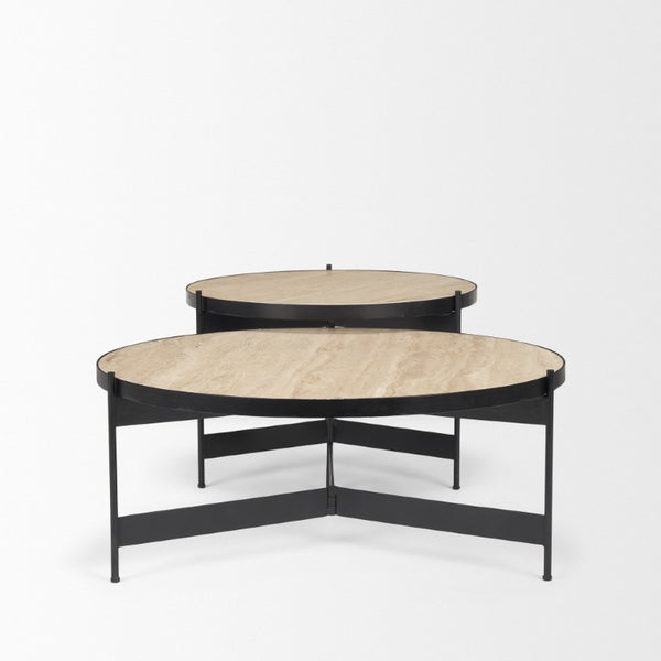 Set of Two Nesting Round Coffee Tables in Stone Top Iron Base for Living Room