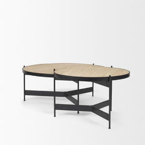 Set of Two Nesting Round Coffee Tables in Stone Top Iron Base for Living Room