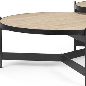 Set of Two Nesting Round Coffee Tables in Stone Top Iron Base for Living Room