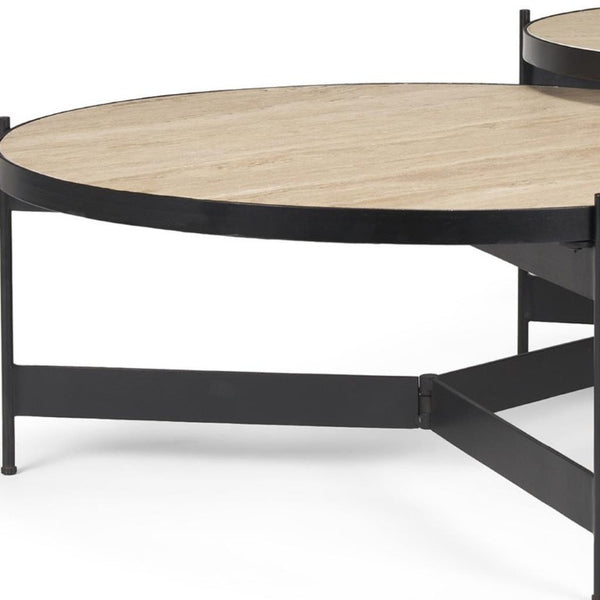 Set of Two Nesting Round Coffee Tables in Stone Top Iron Base for Living Room