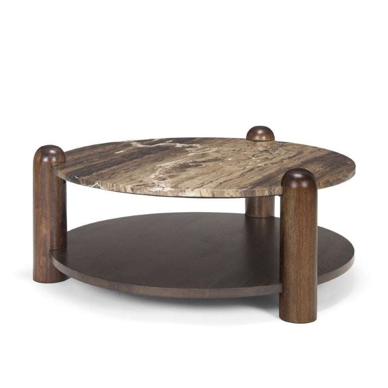 36 Inch Round Coffee Table with Genuine Marble Top and Solid Wood Base for Living Room