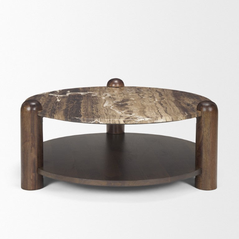 36 Inch Round Coffee Table with Genuine Marble Top and Solid Wood Base for Living Room