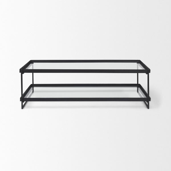 HomeRoots 32 Inch Mirrored Glass Iron Sled Coffee Table with Dual Open Storage Shelves 727818