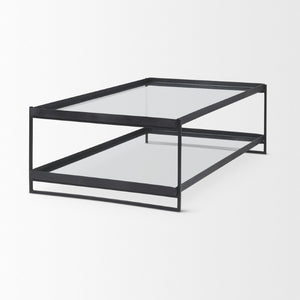32 Inch Mirrored Glass Iron Sled Coffee Table with Dual Open Storage Shelves