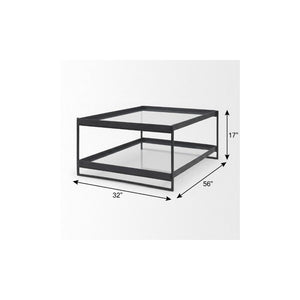 32 Inch Mirrored Glass Iron Sled Coffee Table with Dual Open Storage Shelves