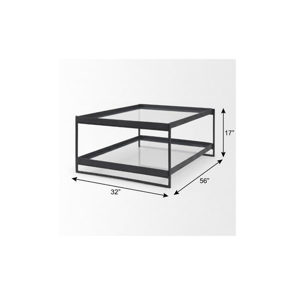 32 Inch Mirrored Glass Iron Sled Coffee Table with Dual Open Storage Shelves