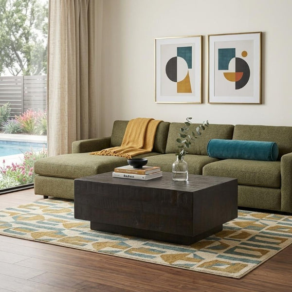 48 Inch Solid Wood Block Coffee Table Rich Dark Finish Living Room Centerpiece