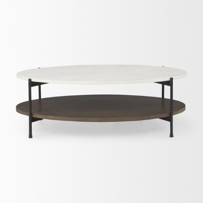 HomeRoots 30 Inch Oval Genuine Marble Top Iron Base Coffee Table for Modern Living Rooms 727831