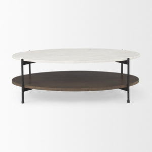 HomeRoots 30 Inch Oval Genuine Marble Top Iron Base Coffee Table for Modern Living Rooms 727831