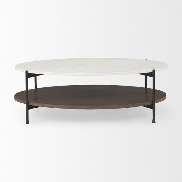 HomeRoots 30 Inch Oval Genuine Marble Top Iron Base Coffee Table for Modern Living Rooms 727831