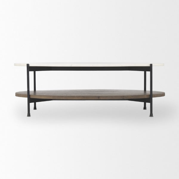 30 Inch Oval Genuine Marble Top Iron Base Coffee Table for Modern Living Rooms