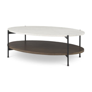30 Inch Oval Genuine Marble Top Iron Base Coffee Table for Modern Living Rooms