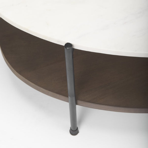 30 Inch Oval Genuine Marble Top Iron Base Coffee Table for Modern Living Rooms