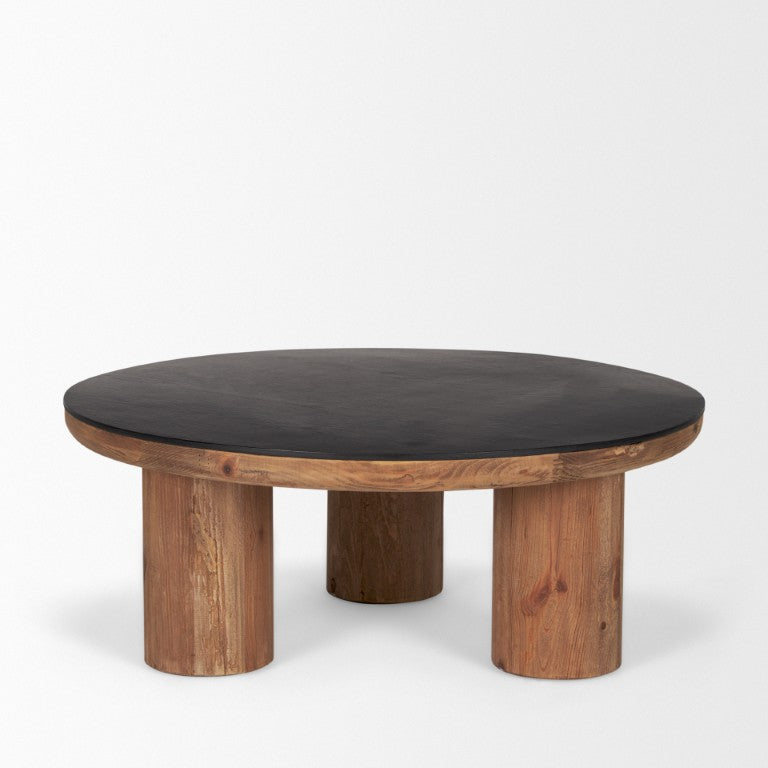 36 Inch Round Coffee Table with Reclaimed Wood Top and Matte Black Metal Base