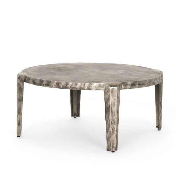 HomeRoots 38 Inch Round Aluminum Coffee Table in Silver for Modern Living Room Decor 727838