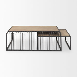HomeRoots Set of Two Nesting Coffee Tables Solid Wood Iron Frame Living Room Accent Pair 727841