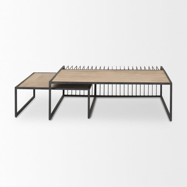 Set of Two Nesting Coffee Tables Solid Wood Iron Frame Living Room Accent Pair