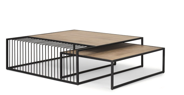 Set of Two Nesting Coffee Tables Solid Wood Iron Frame Living Room Accent Pair