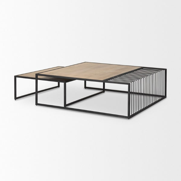 Set of Two Nesting Coffee Tables Solid Wood Iron Frame Living Room Accent Pair
