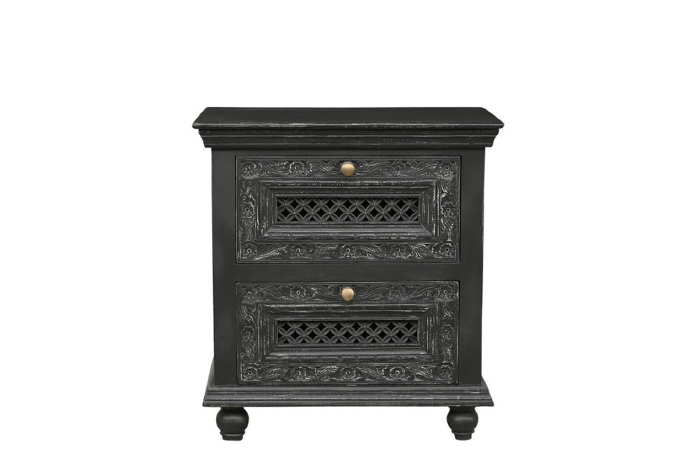 HomeRoots 28 Inch Black Solid Wood Nightstand with Floral Carved Detail and Two Storage Drawers 727844
