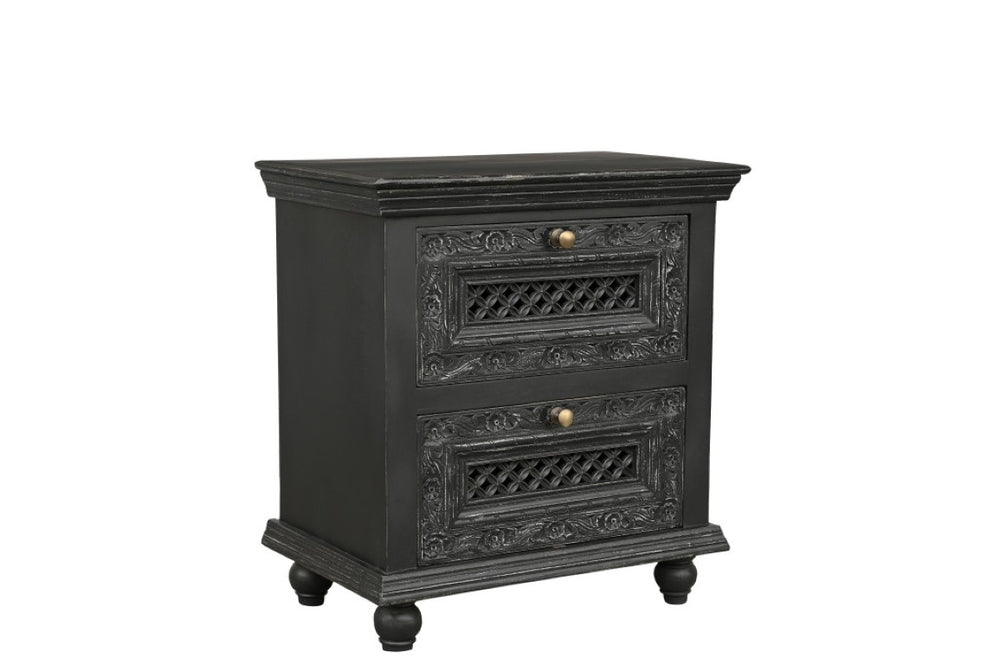 HomeRoots 28 Inch Black Solid Wood Nightstand with Floral Carved Detail and Two Storage Drawers 727844