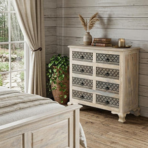 36 Inch Solid Wood Eight Drawer Dresser with Bold Carved Geometric Pattern Bedroom