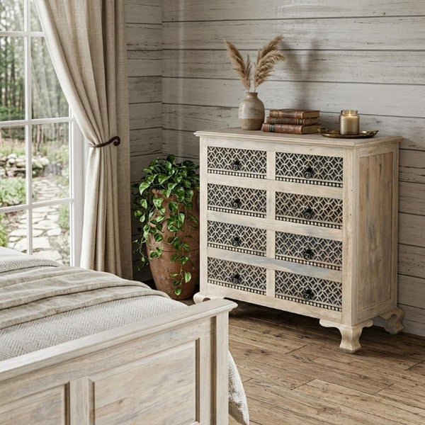 36 Inch Solid Wood Eight Drawer Dresser with Bold Carved Geometric Pattern Bedroom