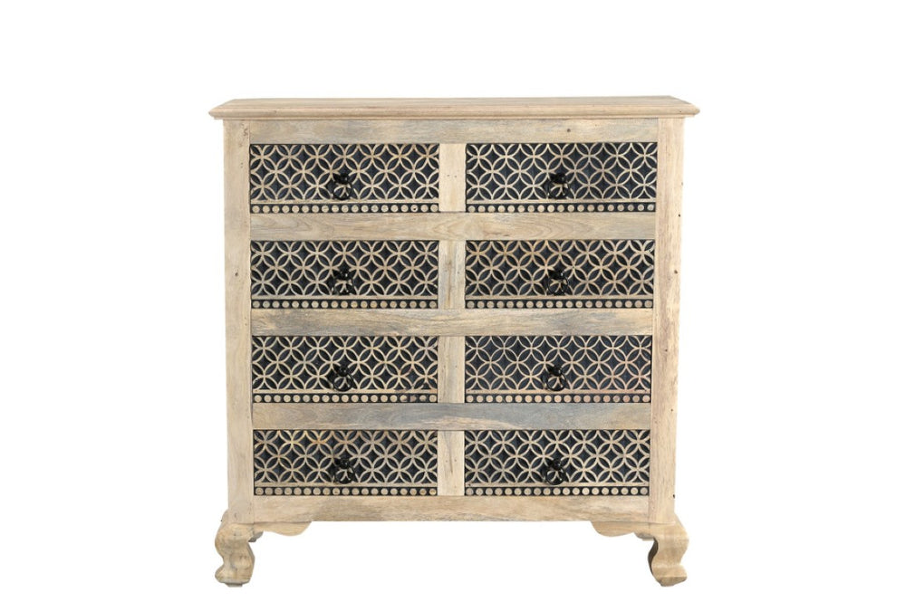 HomeRoots 36 Inch Solid Wood Eight Drawer Dresser with Bold Carved Geometric Pattern Bedroom 727845