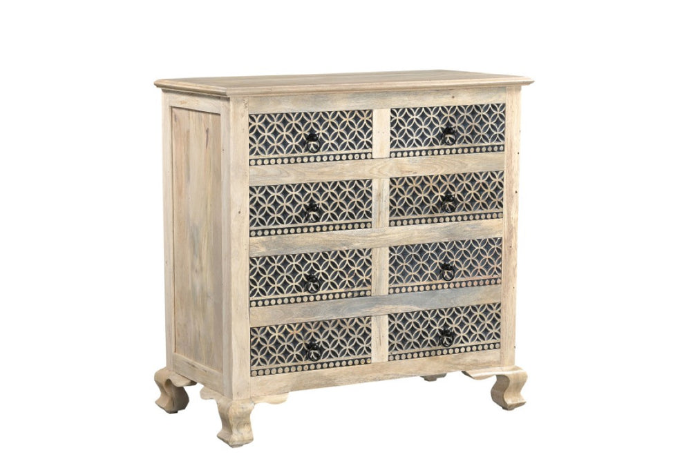 HomeRoots 36 Inch Solid Wood Eight Drawer Dresser with Bold Carved Geometric Pattern Bedroom 727845