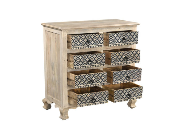 36 Inch Solid Wood Eight Drawer Dresser with Bold Carved Geometric Pattern Bedroom