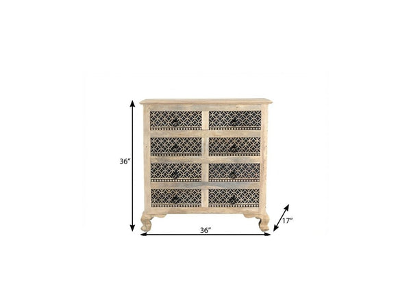 36 Inch Solid Wood Eight Drawer Dresser with Bold Carved Geometric Pattern Bedroom