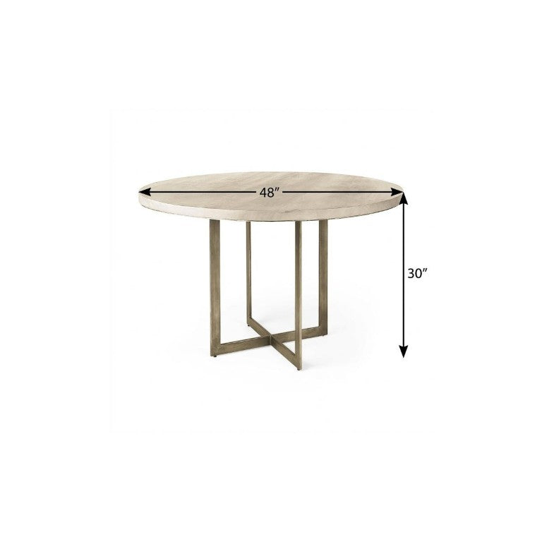 48 Inch Round Dining Table with Iron Trestle Base in Solid Wood Beige and Gold Finish