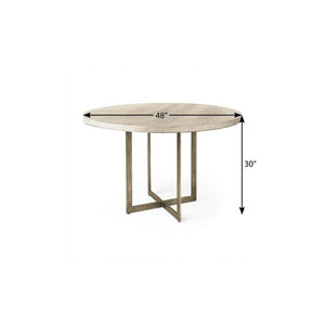 48 Inch Round Dining Table with Iron Trestle Base in Solid Wood Beige and Gold Finish