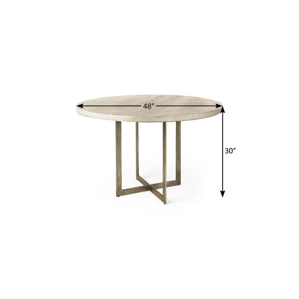 48 Inch Round Dining Table with Iron Trestle Base in Solid Wood Beige and Gold Finish