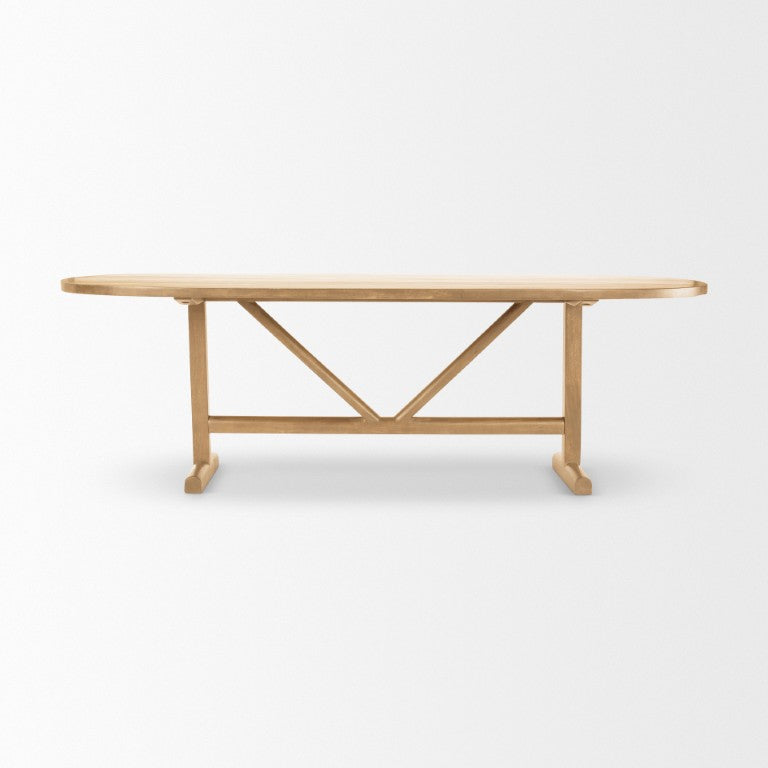 HomeRoots 94 Inch Solid Wood Oval Dining Table with Trestle Base for Spacious Gatherings 727871