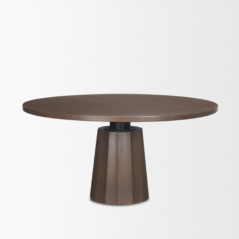 HomeRoots 60 Inch Round Solid Wood Dining Table with Iron Pedestal Base Seats Six in Style Dark Brown / Black 727882