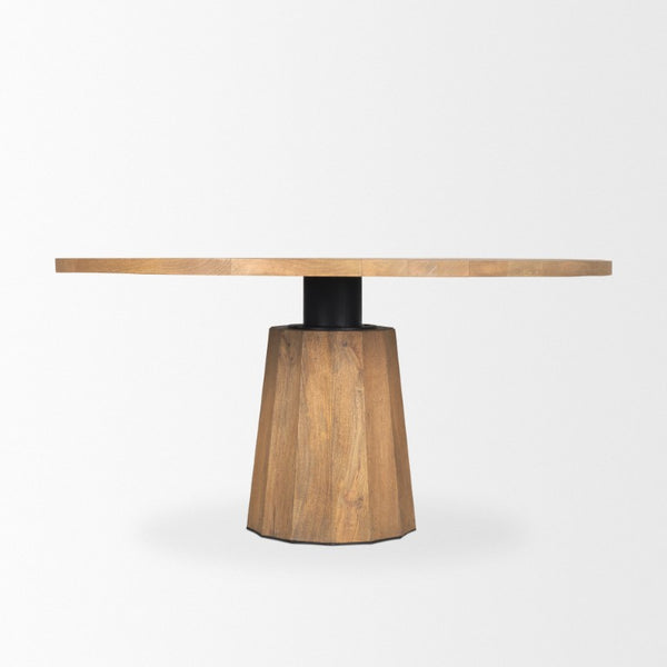 60 Inch Round Solid Wood Dining Table with Iron Pedestal Base Seats Six in Style