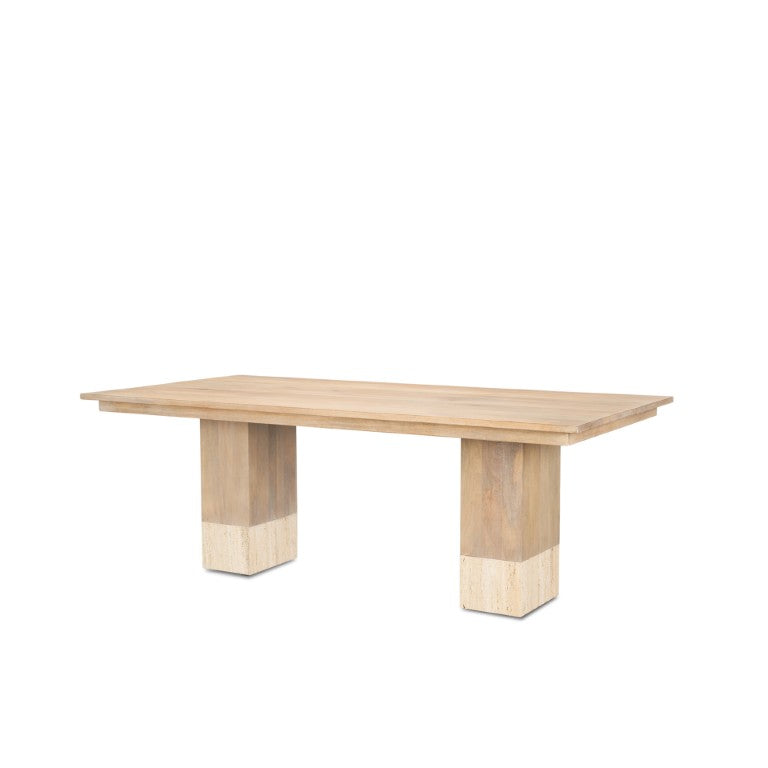 HomeRoots 84 Inch Solid Wood Marble Top Double Pedestal Dining Table for Elegant Gatherings 727894