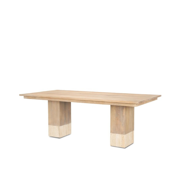 HomeRoots 84 Inch Solid Wood Marble Top Double Pedestal Dining Table for Elegant Gatherings 727894