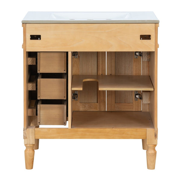 English Elm 30-inch Freestanding Bathroom Vanity Solid Wood Base Ceramic Sink Gold Hardware N729P299368N