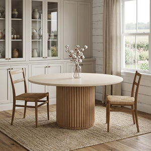 60 Inch Marble Top Round Dining Table with Solid Wood Pedestal Base Cream Tone