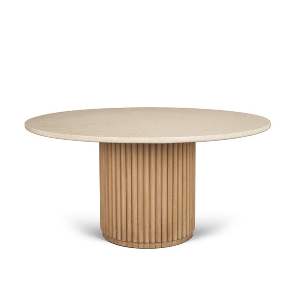 HomeRoots 60 Inch Marble Top Round Dining Table with Solid Wood Pedestal Base Cream Tone 727902