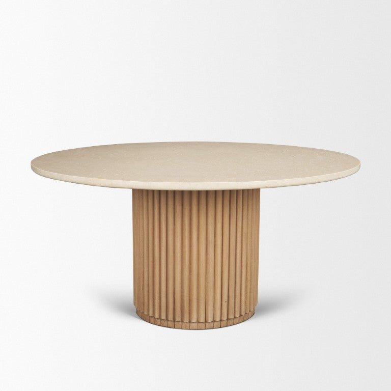 HomeRoots 60 Inch Marble Top Round Dining Table with Solid Wood Pedestal Base Cream Tone 727902
